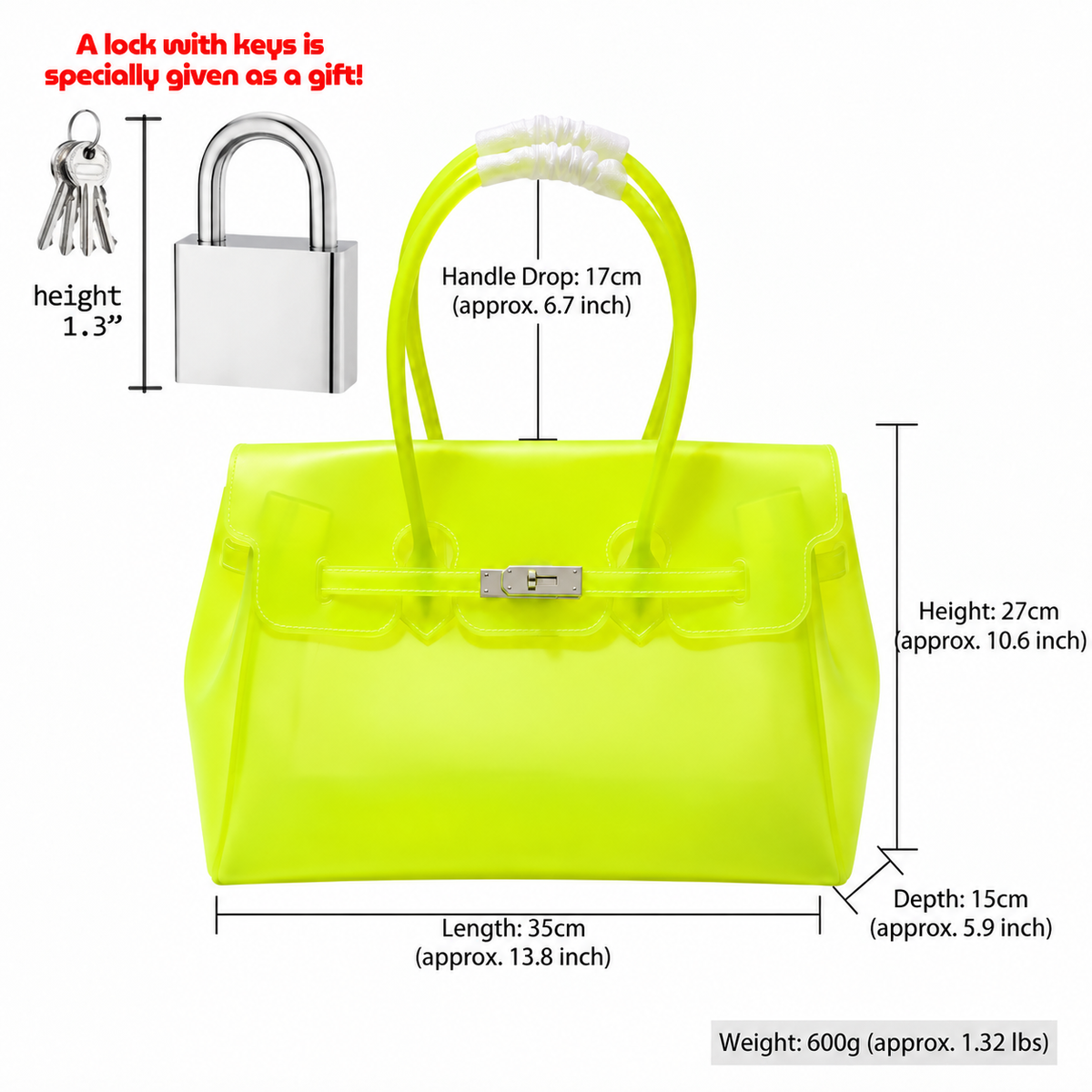 Jelly Tote Bag, Large Capacity TPU, Clear Bag for concert, Commuting, Beach-Neon Yellow