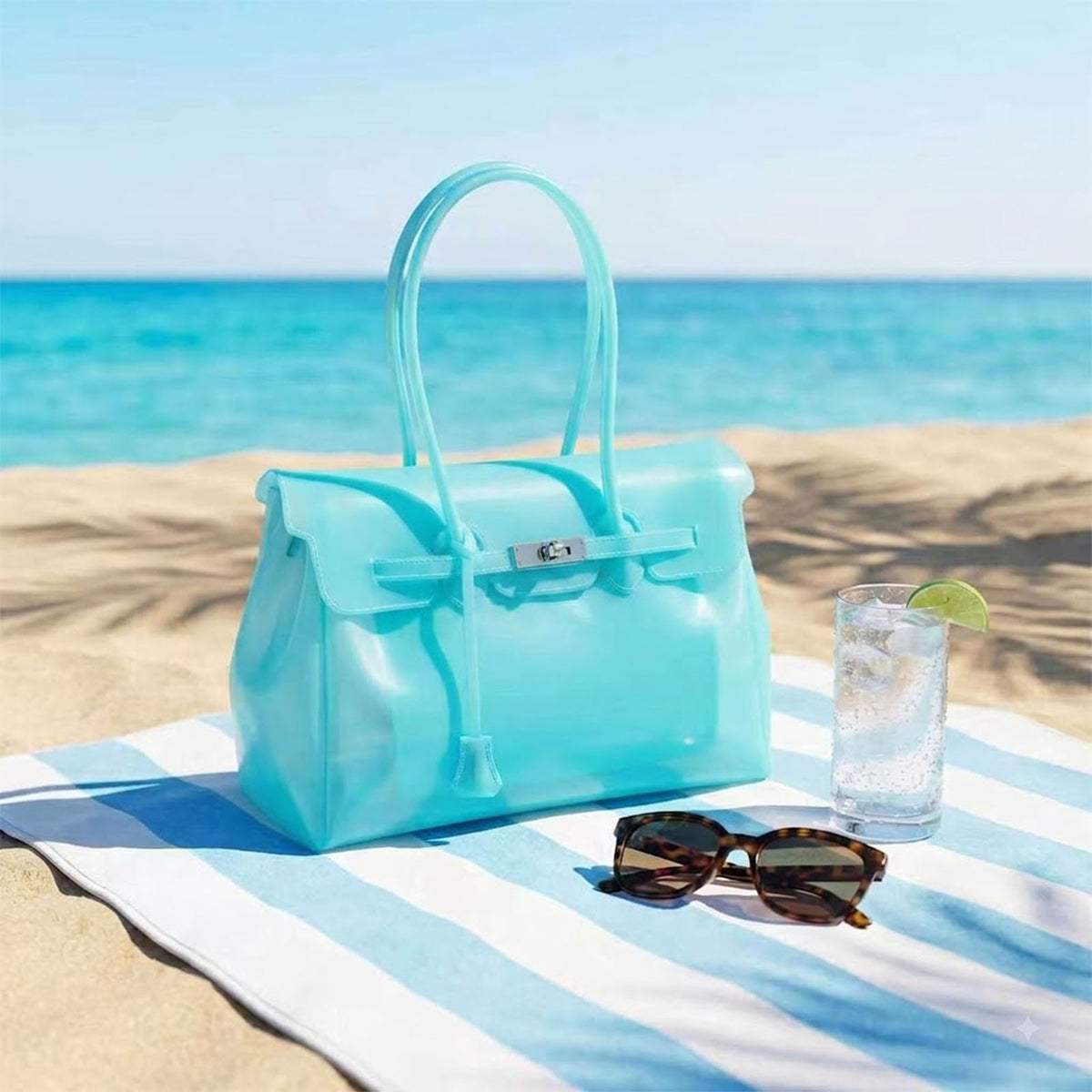 Jelly Tote Bag, Large Capacity TPU, Clear Bag for concert, Commuting, Beach-Turquoise