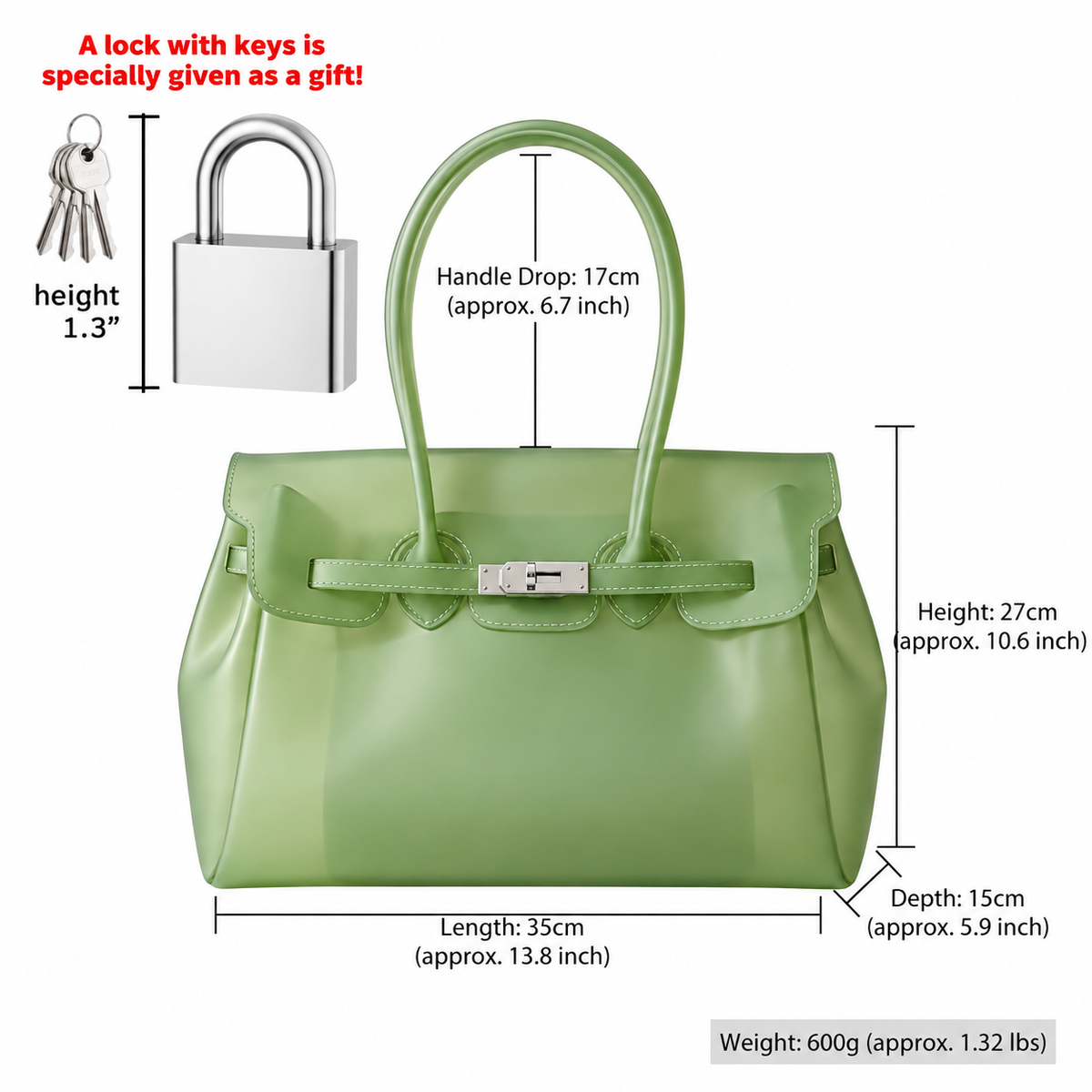 Jelly Tote Bag, Large Capacity TPU, Clear Bag for concert, Commuting, Beach-Lime Green