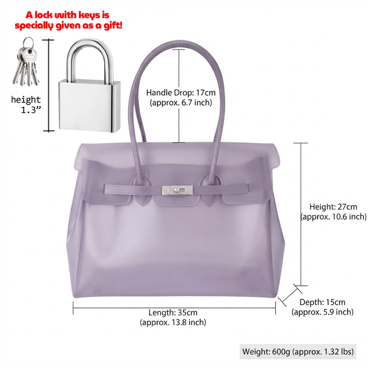 Jelly Tote Bag, Large Capacity TPU, Clear Bag for concert, Commuting, Beach-Light Purple