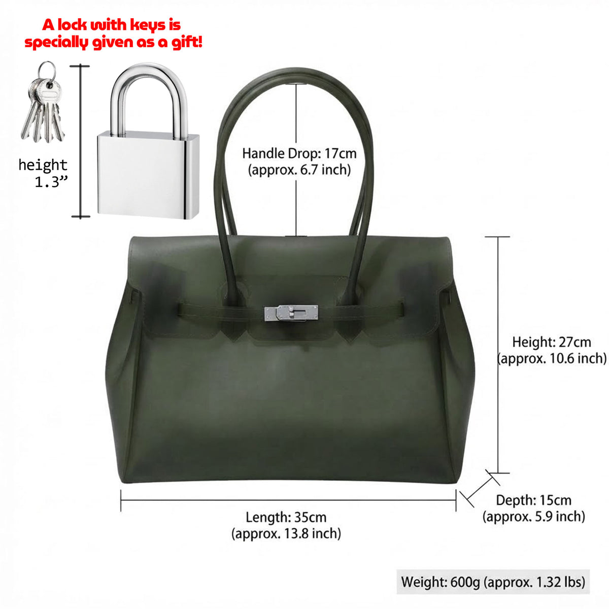 Jelly Tote Bag, Large Capacity TPU, Clear Bag for concert, Commuting, Beach-Dark Green