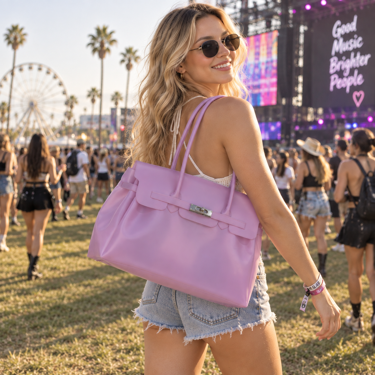 Jelly Tote Bag, Large Capacity TPU, Clear Bag for concert, Commuting, Beach-Pink Purple