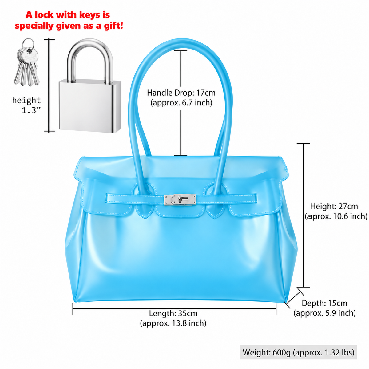 Jelly Tote Bag, Large Capacity TPU, Clear Bag for concert, Commuting, Beach-Sky Blue