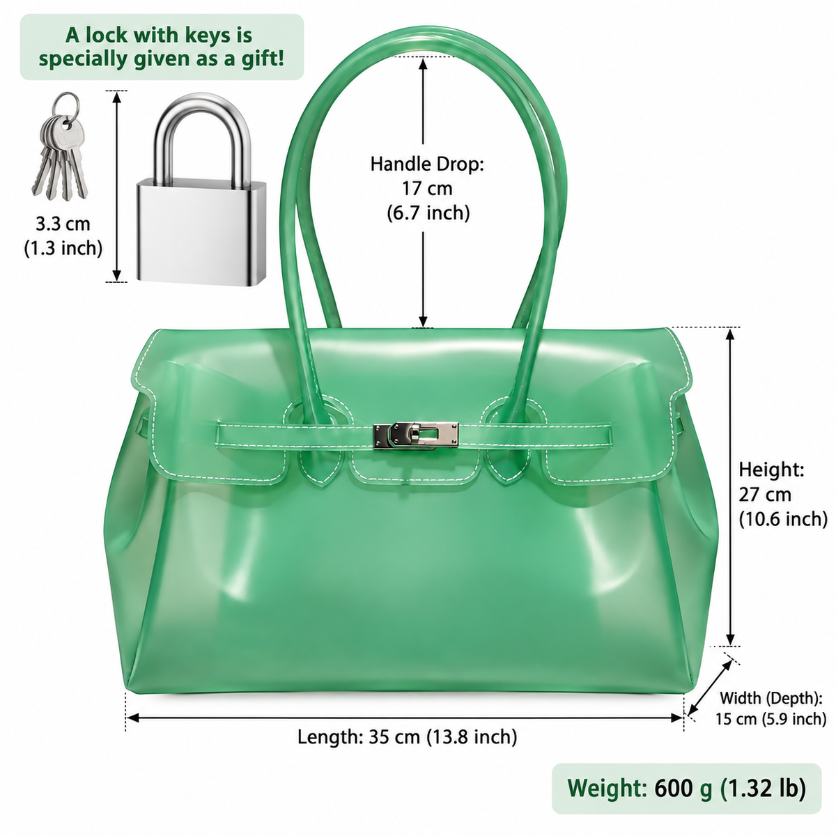 Jelly Tote Bag, Large Capacity TPU, Clear Bag for concert, Commuting, Beach-Mint Green
