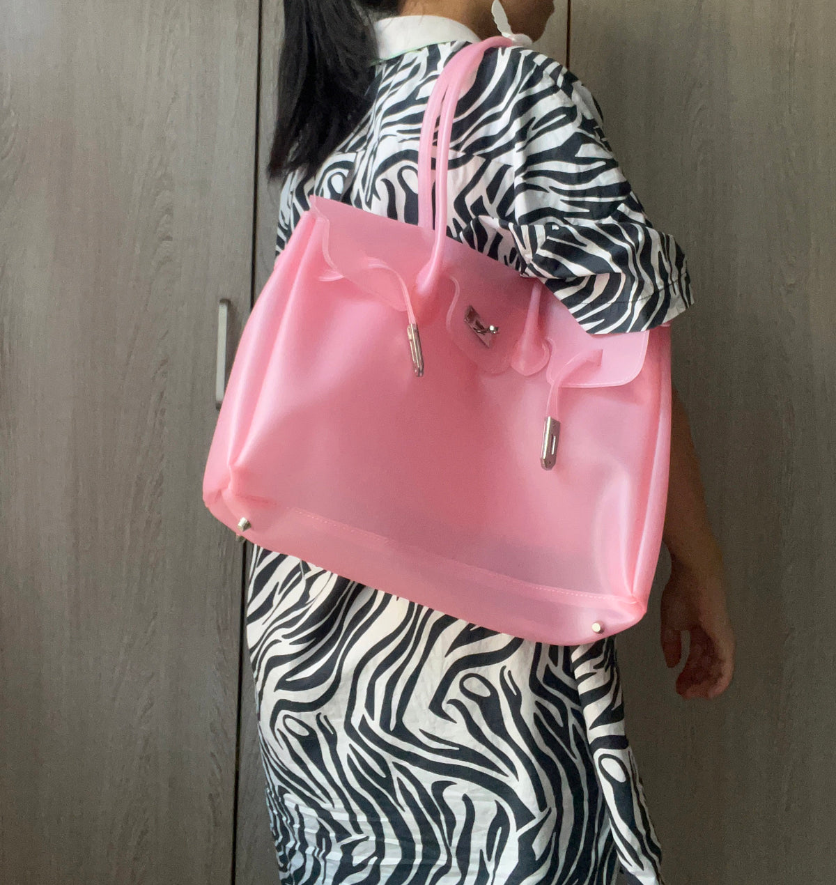 Jelly Tote Bag, Large Capacity TPU, Clear Bag for concert, Commuting, Beach-Pink