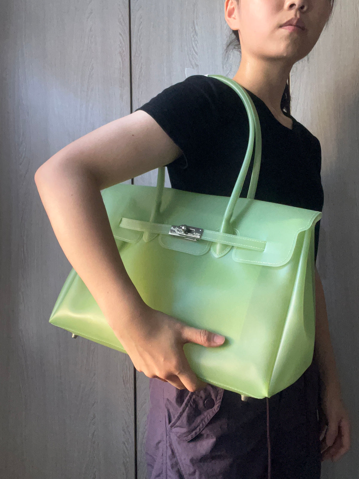 Jelly Tote Bag, Large Capacity TPU, Clear Bag for concert, Commuting, Beach-Lime Green