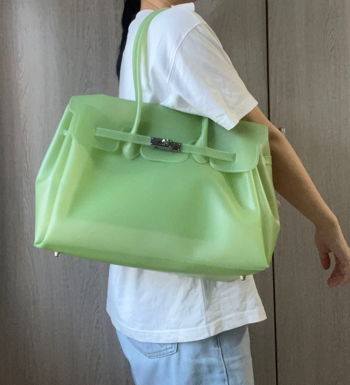 Jelly Tote Bag, Large Capacity TPU, Clear Bag for concert, Commuting, Beach-Lime Green