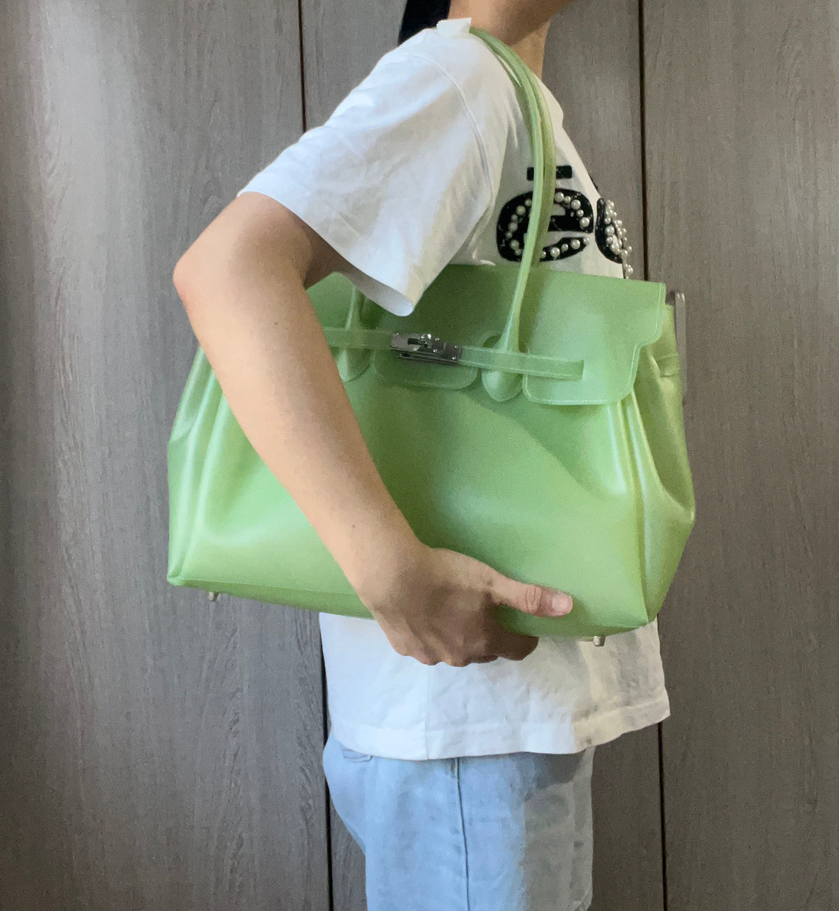 Jelly Tote Bag, Large Capacity TPU, Clear Bag for concert, Commuting, Beach-Lime Green