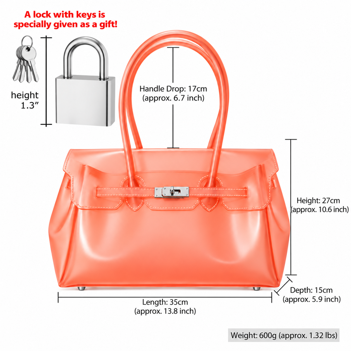 Jelly Tote Bag, Large Capacity TPU, Clear Bag for concert, Commuting, Beach-Orange