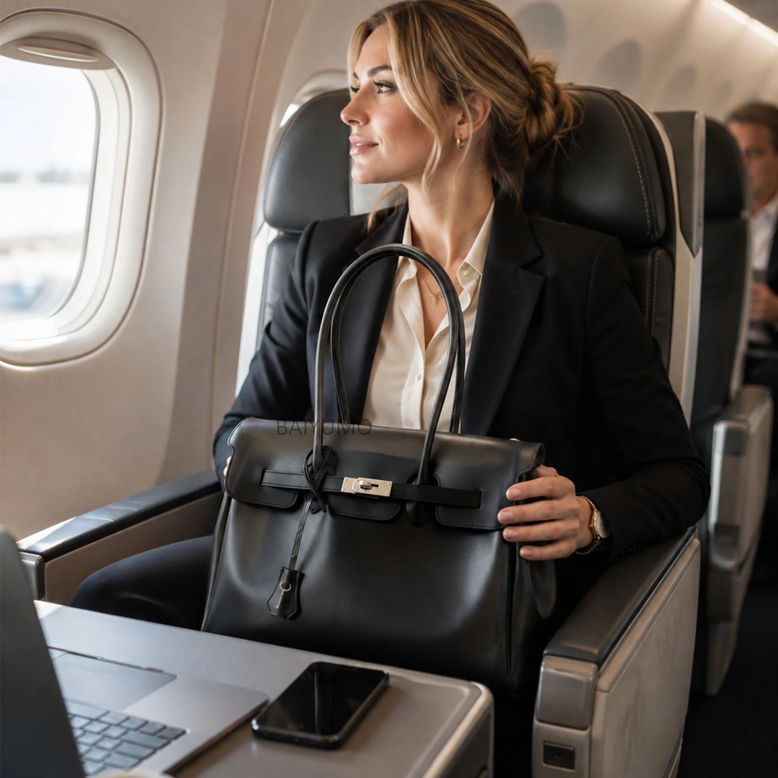 Woman wearing black with a black jelly tote on an airplane