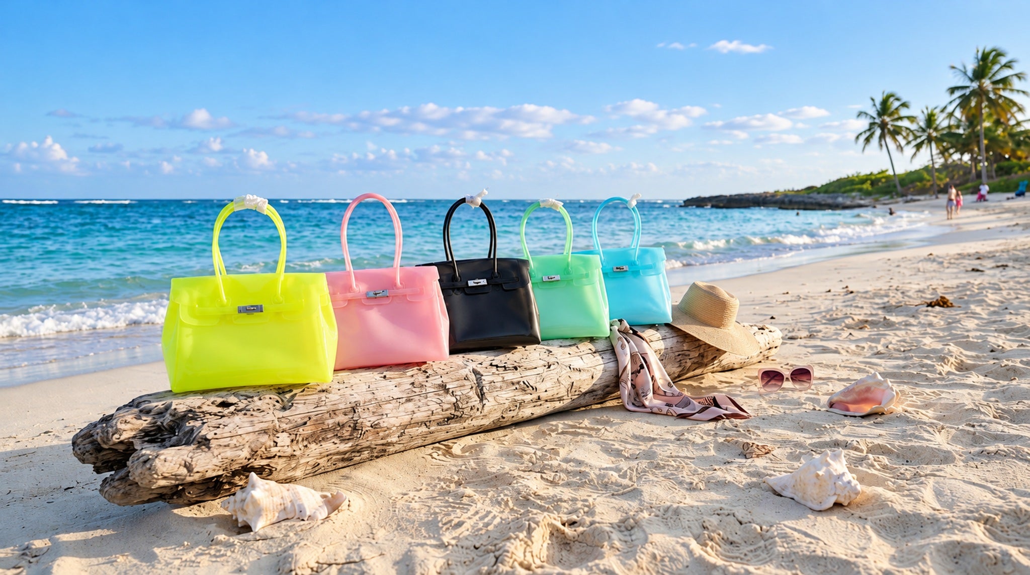 Five jelly totes on driftwood beside the ocean
