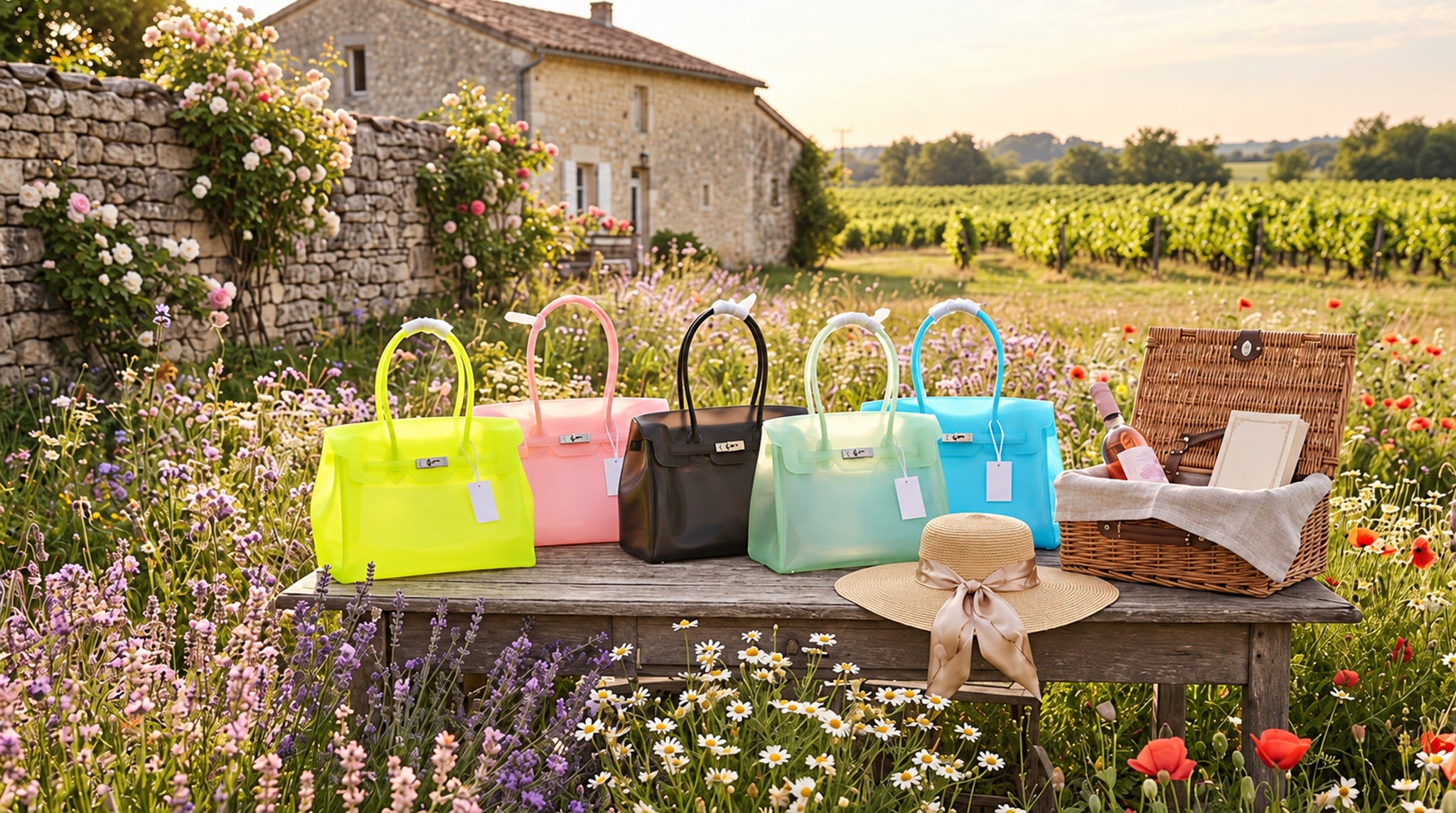 Five colorful jelly totes at a countryside picnic